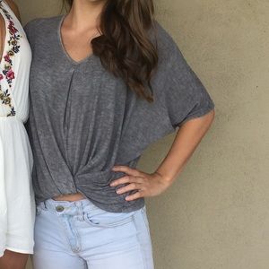 Gray v neck knot shirt